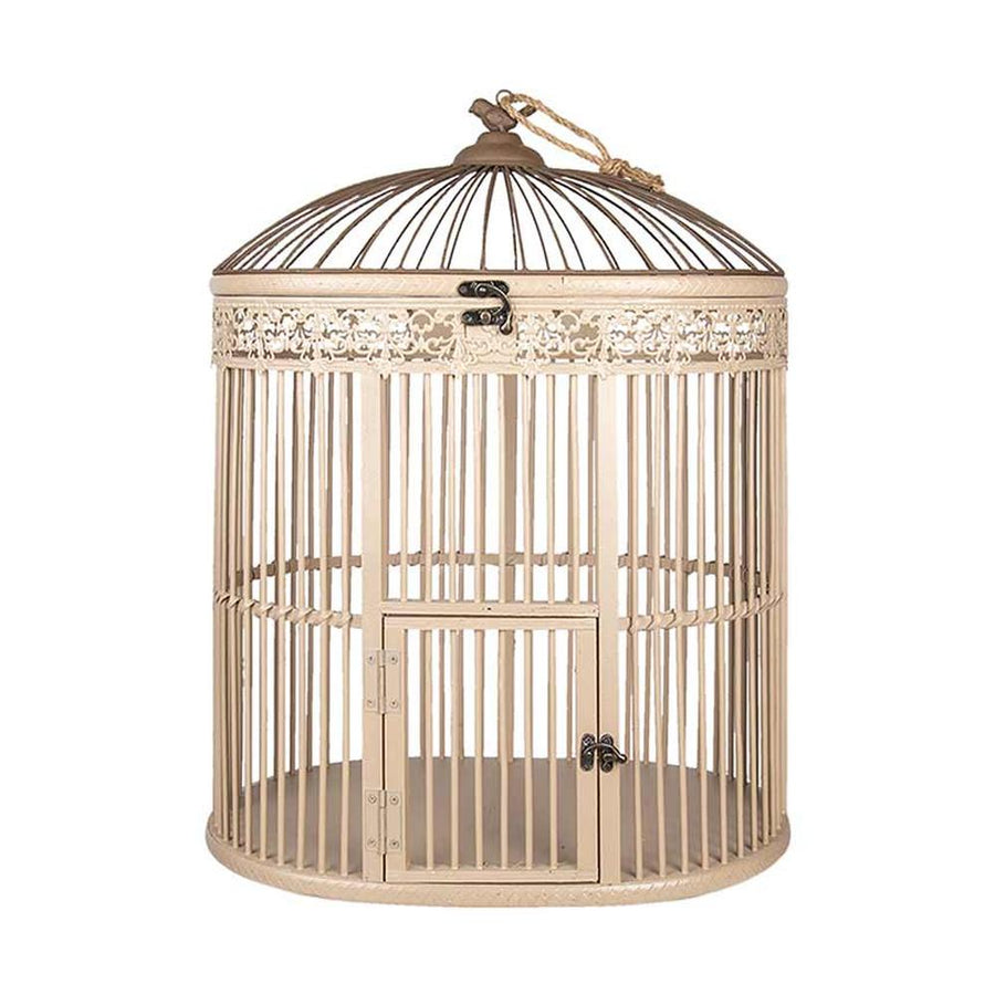 Fából és fémből készült, ovális formájú, krém színű,, vintage stílusú madárkalitka.