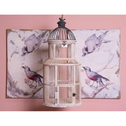 Fából és fémből készült, kör formájú, krém színű,, vintage stílusú madárkalitka.
