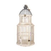Fából és fémből készült, kör formájú, krém színű,, vintage stílusú madárkalitka.