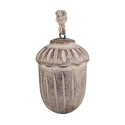 Vintage stílusú, mangófából faragott, 8 cm hosszú, antikolt felületű natúr színű, makk formájú, kézműves karácsonyfadísz