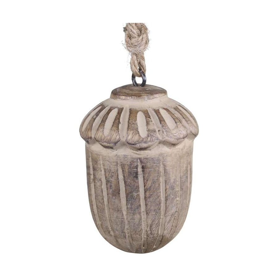 Vintage stílusú, mangófából faragott, 8 cm hosszú, antikolt felületű natúr színű, makk formájú, kézműves karácsonyfadísz