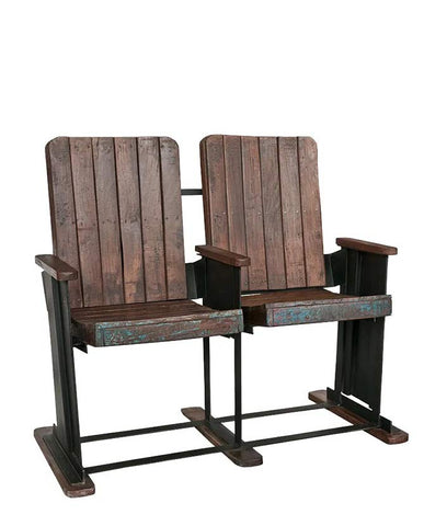 Újrahasznosított fából és fémből készült, lehajtható ülésű, 150 cm hosszú, kétszemélyes vintage stílusú moziszék