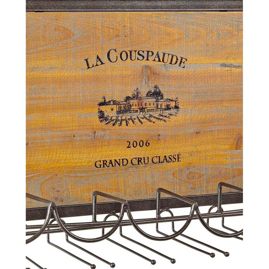 Antikolt hatású, fenyőfából és vasból készült fali bor és pohártartó, vintage stílusú nyomattal