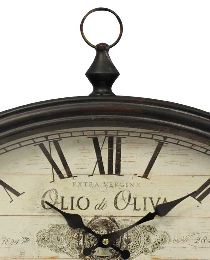 Vintage stílusú fémből készült ovális falióra "Olio di Oliva" felirattal