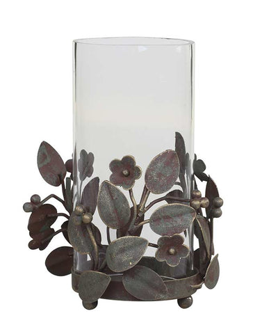 Vintage stílusú, antikolt felületű, fém virágokkal és levelekkel díszített antik réz színű gyertyatartó üvegbúrával