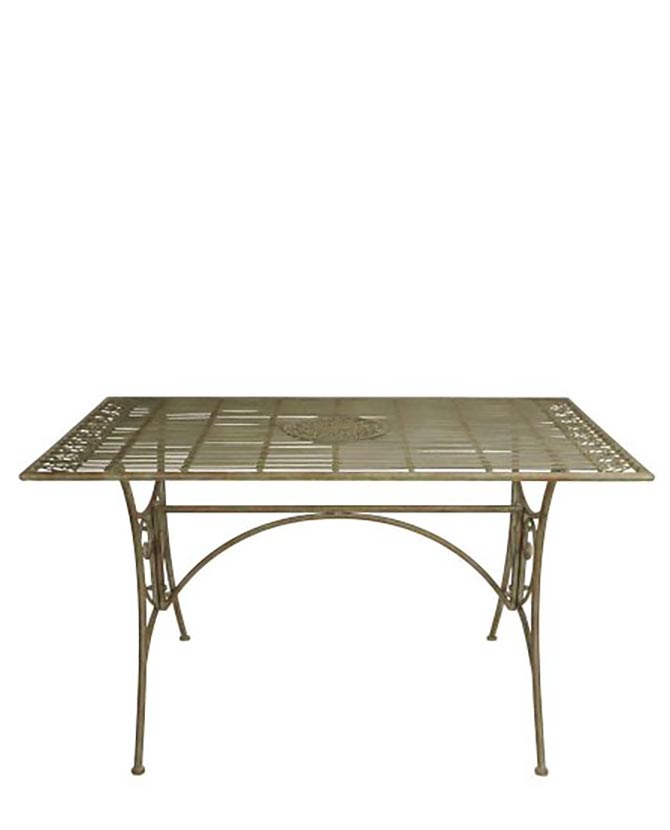 Vintage stílusú, 130 cm hosszú, patinás felületű, antikolt zöldes barna színű, fém kerti asztal