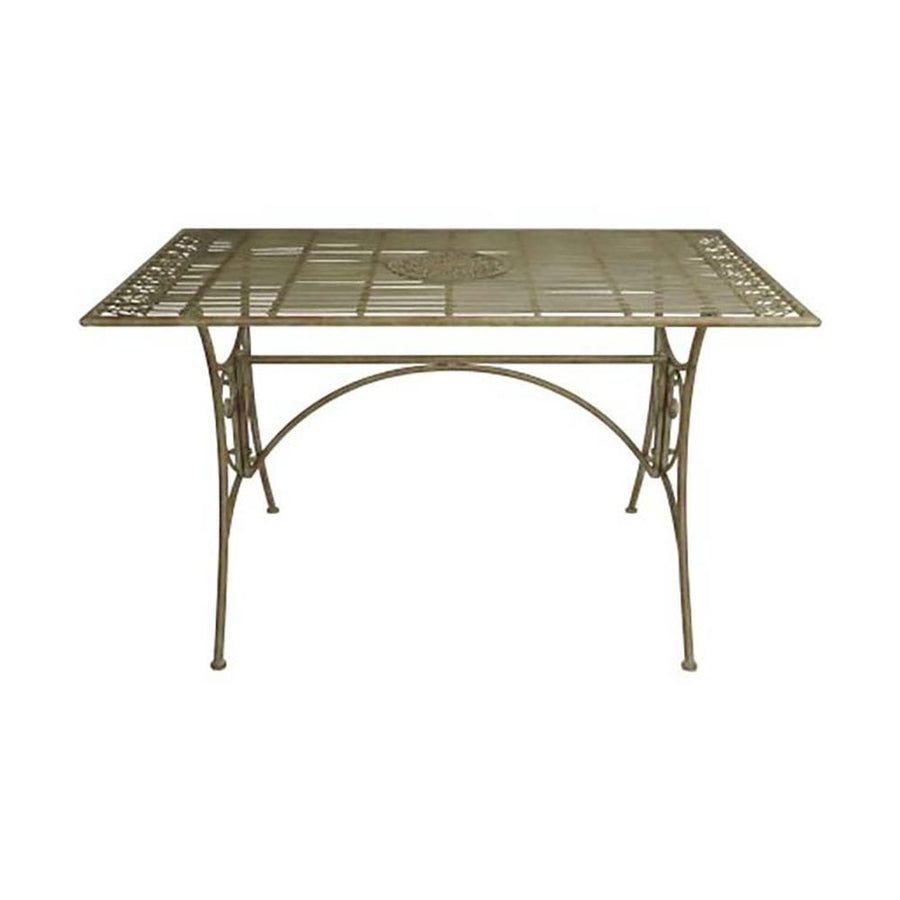 Vintage stílusú, 130 cm hosszú, patinás felületű, antikolt zöldes barna színű, fém kerti asztal