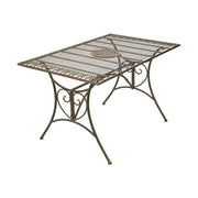 Vintage stílusú, 130 cm hosszú, patinás felületű, antikolt zöldes barna színű, fém kerti asztal