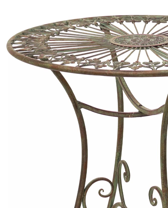 Vintage stílusú, 70 cm átmérőjű, antikolt patinás felületű, zöldes barna színű, fém kerti körasztal