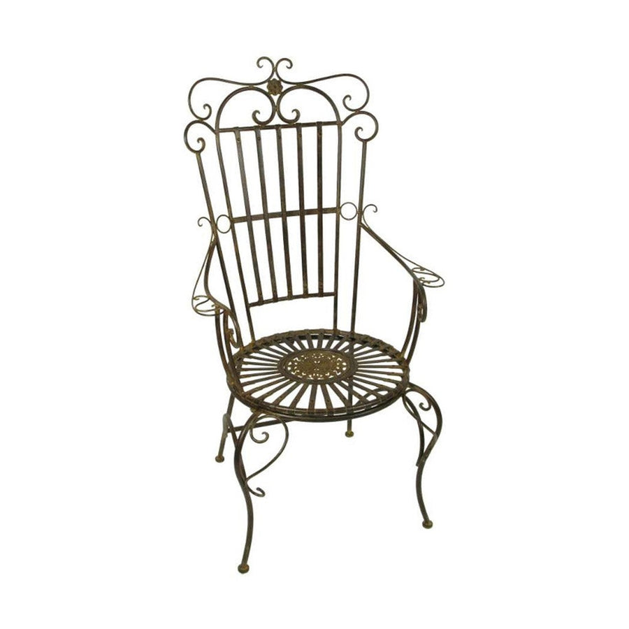 Vintage stílusú, antikolt patinás felületű, barna színű, fém kerti karosszék