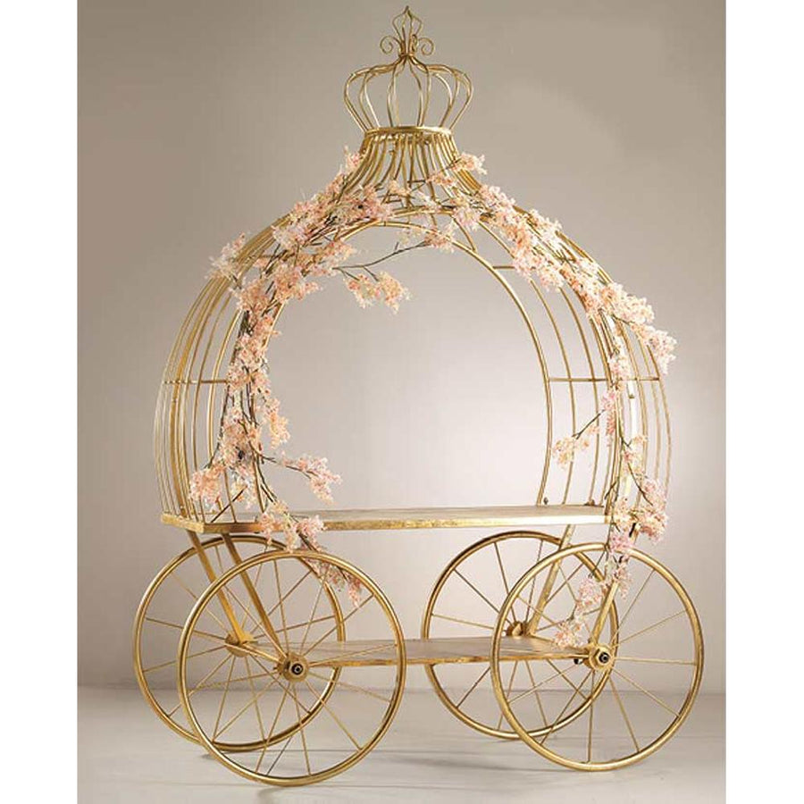 Vintage glamour stílusú, arany színű 158 cm hosszú és 224 cm magas koronás hintó formájú fém kiállítóasztal