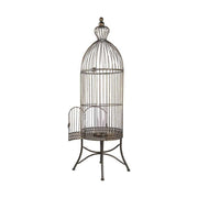 Fémből készült, kör alaprajzú, bronz színű, 30 cm átmérőjű és 107 cm magas, vintage stílusú madárkalitka formájú lámpás.