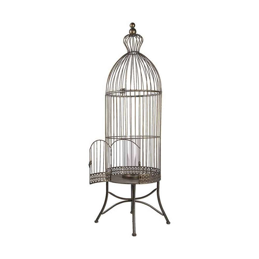 Fémből készült, kör alaprajzú, bronz színű, 30 cm átmérőjű és 107 cm magas, vintage stílusú madárkalitka formájú lámpás.