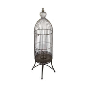 Fémből készült, kör alaprajzú, bronz színű, 30 cm átmérőjű és 107 cm magas, vintage stílusú madárkalitka formájú lámpás.