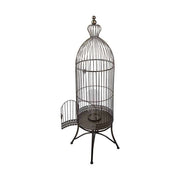 Fémből készült, kör alaprajzú, bronz színű, 30 cm átmérőjű és 107 cm magas, vintage stílusú madárkalitka formájú lámpás.
