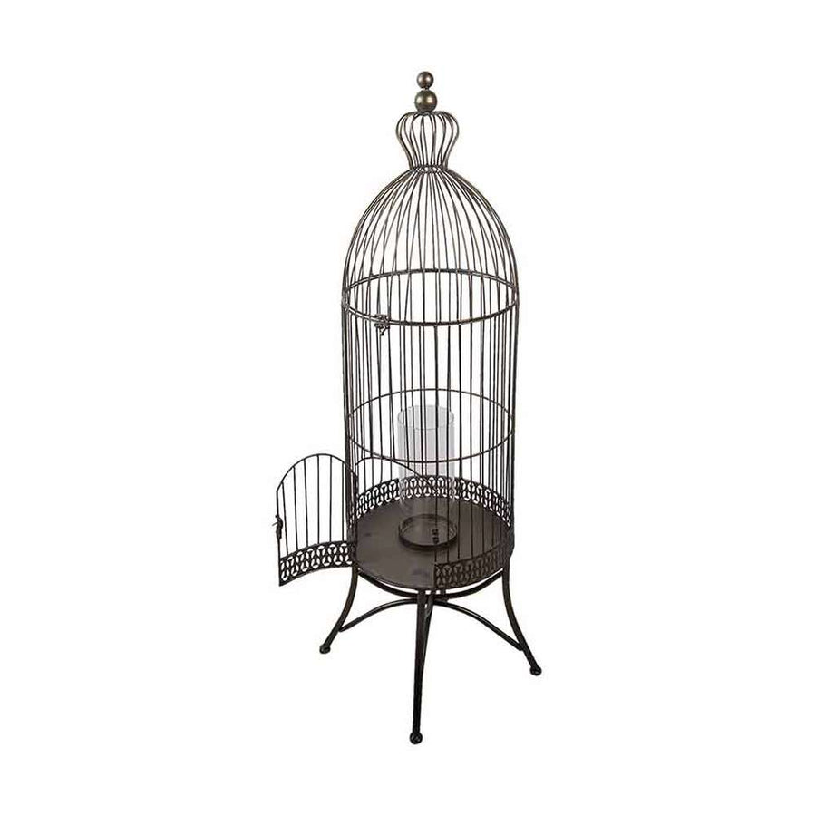 Fémből készült, kör alaprajzú, bronz színű, 30 cm átmérőjű és 107 cm magas, vintage stílusú madárkalitka formájú lámpás.