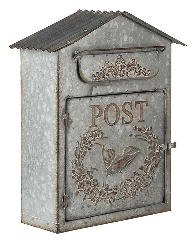 Vintage stílusú, fémből készült, madaras és növényi dombormintával díszített, post feliratú postaláda