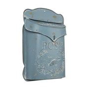 Vintage stílusú, fémből készült, antikolt kék színű, madaras és növényi dombormintával díszített, post feliratú postaláda