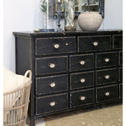 Vintage stílusú, 15 fiókos rusztikus megjelenésű patinás fekete komód