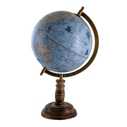 Antik kék alapszínű, 22 cm átmérőjű és 37 cm magas, vintage stílusú földgömb mangófa talapzaton..