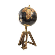 Antik fekete alapszínű, 16 cm átmérőjű és 26 cm magas, vintage stílusú földgömb, fémmel megerősített fa lábakon..