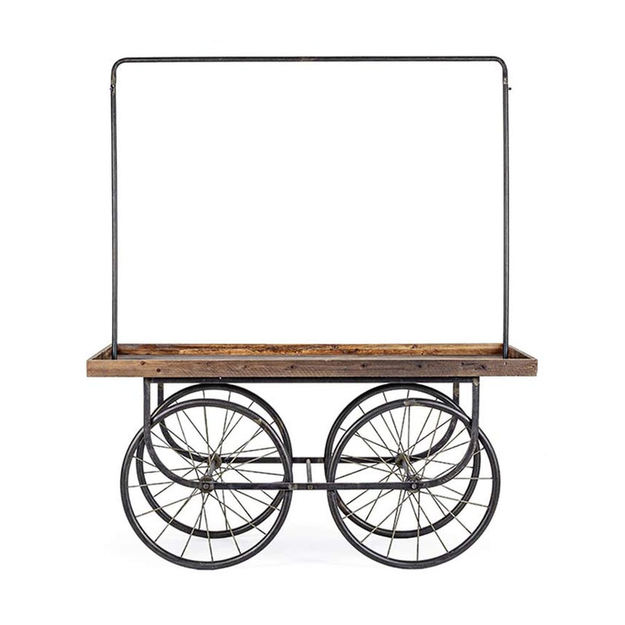 Prémium kategóriás, vidéki vintage stílusú, 160 cm hosszú és 189 cm magas, vásári jellegű, kerekes  kiállítóasztal