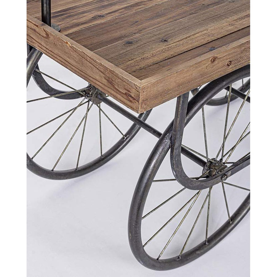 Prémium kategóriás, vidéki vintage stílusú, 160 cm hosszú és 189 cm magas, vásári jellegű, kerekes  kiállítóasztal