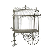 Vintage stílusú, antikolt felületű, szürkésbarna színű, 140 cm hosszú és 208 cm magas, madárház formájú kalitkás fém kiállítóasztal 