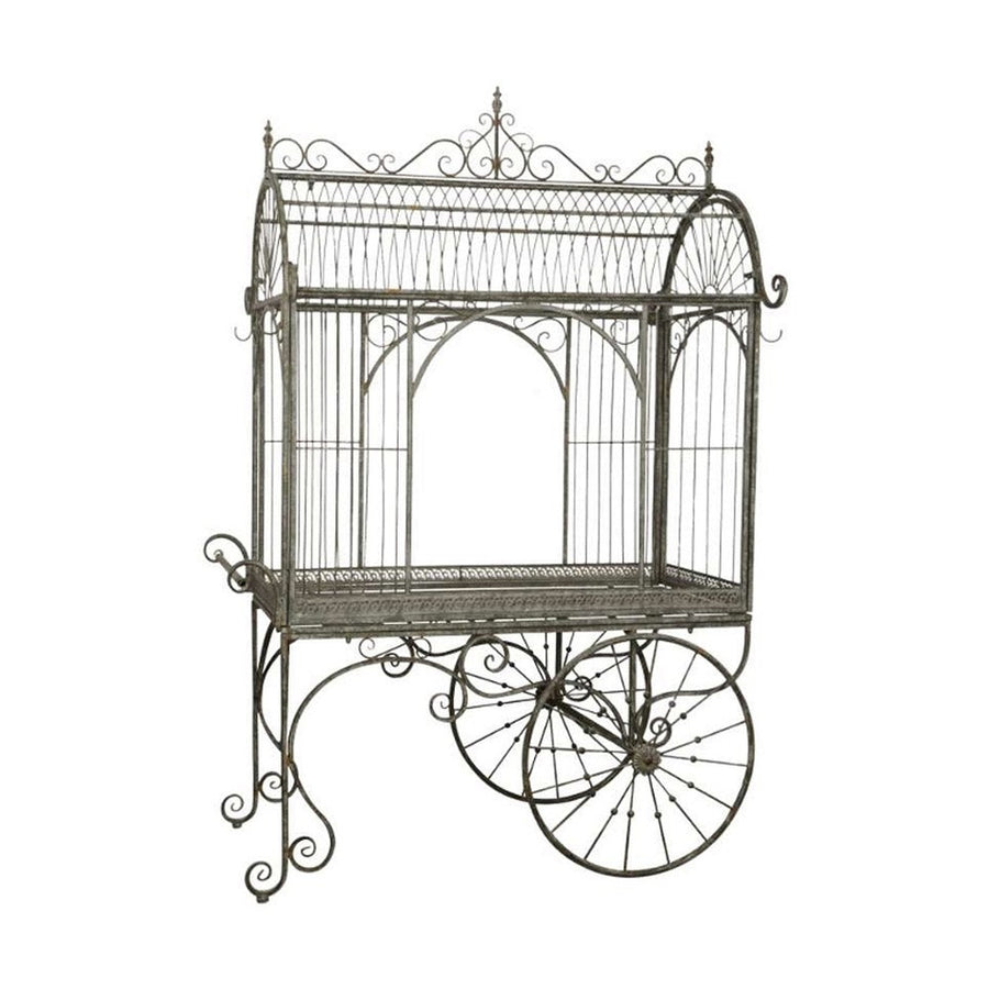 Vintage stílusú, antikolt felületű, szürkésbarna színű, 140 cm hosszú és 208 cm magas, madárház formájú kalitkás fém kiállítóasztal 