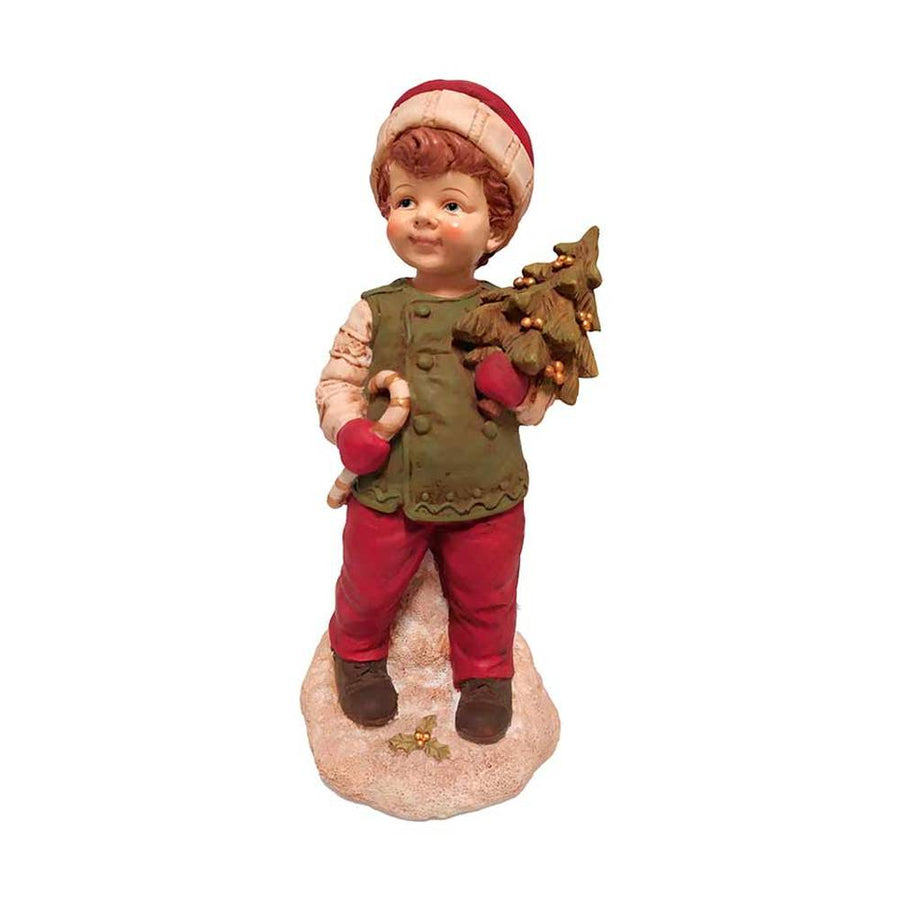 Vintage stílusú, 24,2 cm magas, tradicionális megjelenésű, karácsonyi téli sapkás kisfiú karácsonyfával a kezében