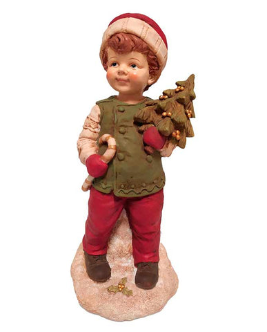Vintage stílusú, 24,2 cm magas, tradicionális megjelenésű, karácsonyi téli sapkás kisfiú karácsonyfával a kezében
