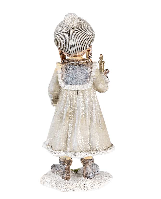 Vintage stílusú, 19 cm magas, tradicionális megjelenésű, deres felületű karácsonyi kislány, gyertyával és babával a kezében