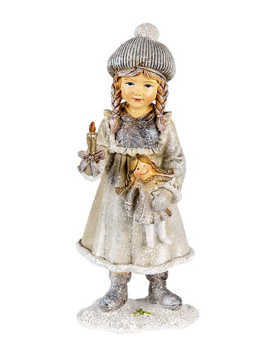 Vintage stílusú, 19 cm magas, tradicionális megjelenésű, deres felületű karácsonyi kislány, gyertyával és babával a kezében