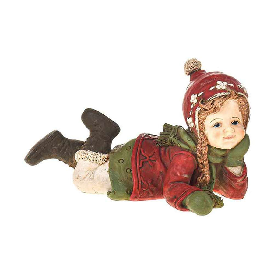 Vintage stílusú, 19,5 cm hosszú, tradicionális megjelenésű, karácsonyi téli sapkás kislány sállal a nyakában