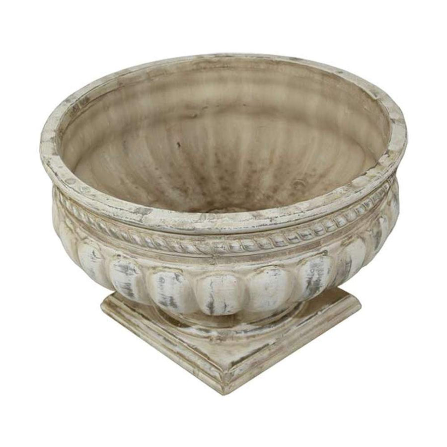 Vintage stílusú, antikolt krém színű, 22 cm átmérőjű, öblös kialakítású talpas kerámiakaspó