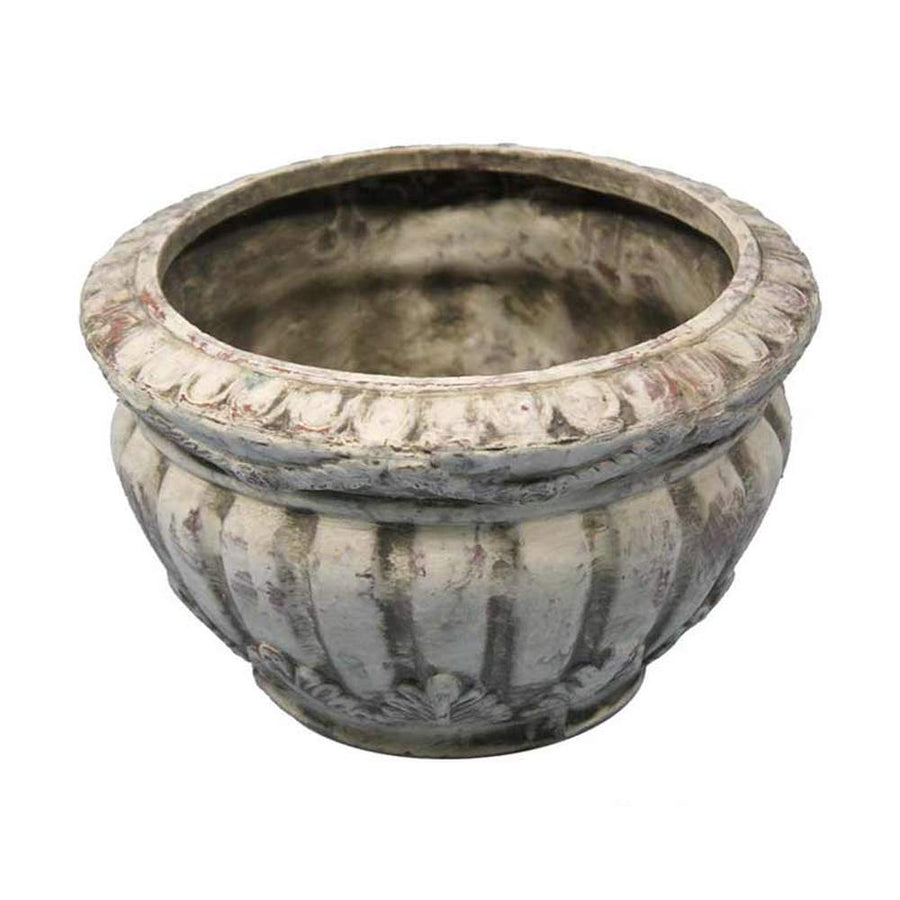 Vintage stílusú, antikolt szürke színű, 22 cm átmérőjű, öblös kialakítású kerámia kaspó