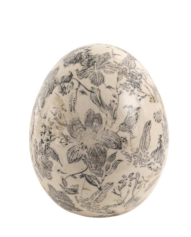 Antikolt mázas felületű, szürke színű növényi motívummal díszített kerámia tojás.