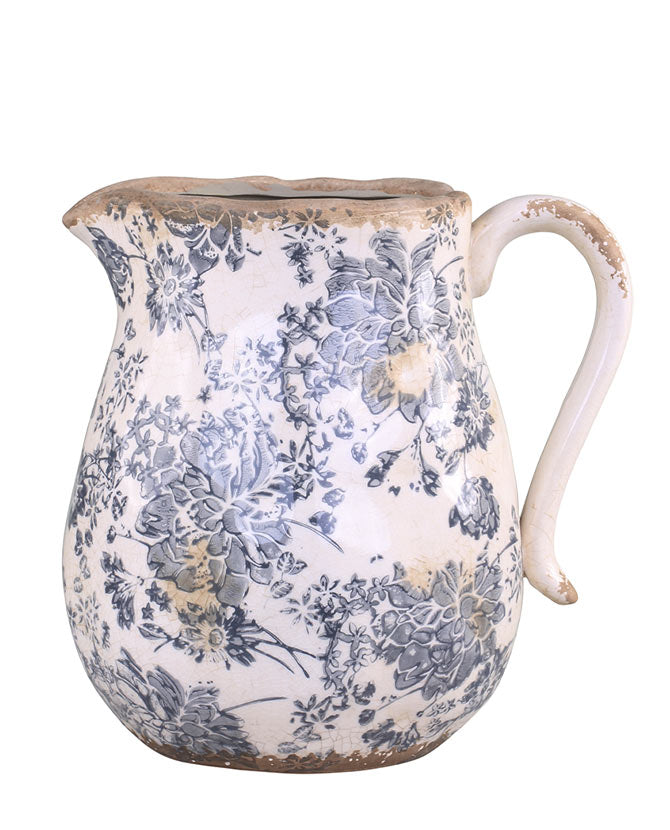 Vidéki vintage stílusú, 23 cm magas, antikolt mázas, szürke színű növényi motívummal díszített kerámia váza.