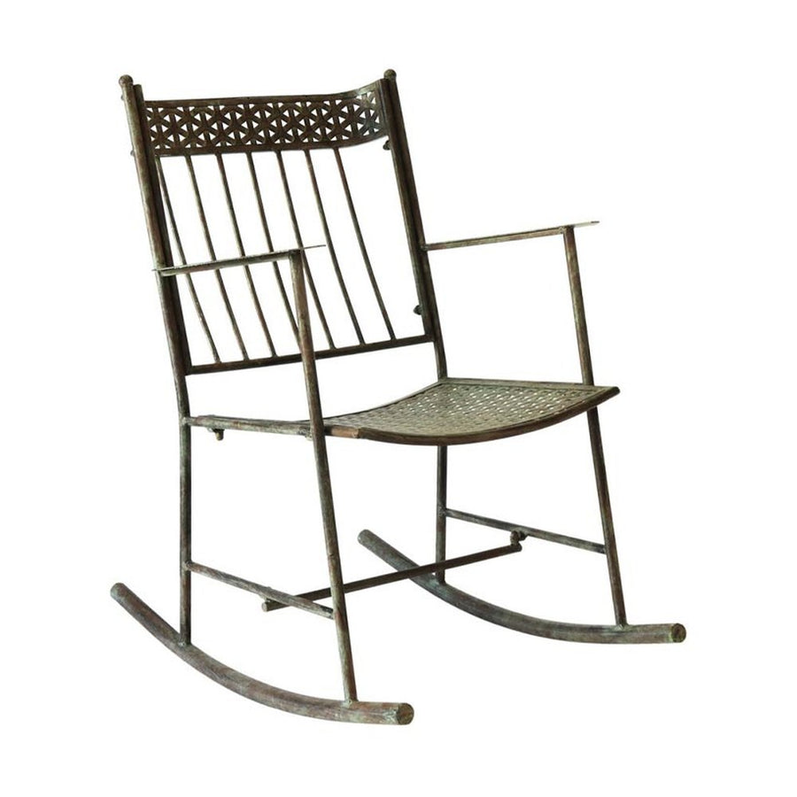 Vintage stílusú, patinás felületű, antik zöld színű, fém kerti hintaszék