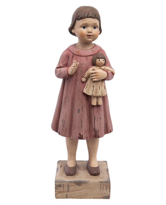 Vintage stílusú, antikolt felületű  kislányfigura babával