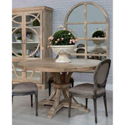 Prémium kategóriás, tömör mangófából készül, 150 cm átmérőjű, vidéki vintage stílusú, kör formájú étkezőasztal  provanszi étkezőászekékkel és vitrines tálalószekrénnyel   