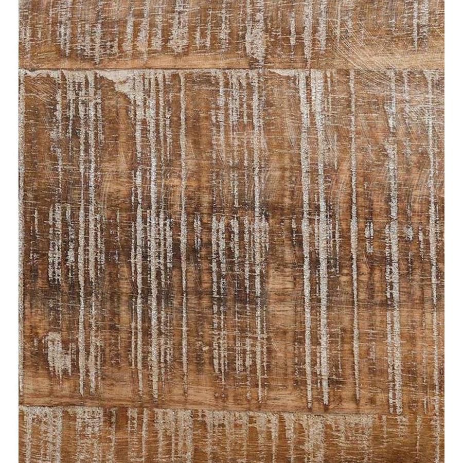 Prémium kategóriás, tömör mangófából készül, 150 cm átmérőjű, vidéki vintage stílusú, kör formájú étkezőasztal  asztallapjának közeli képe 