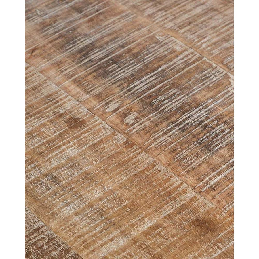 Prémium kategóriás, tömör mangófából készül, 150 cm átmérőjű, vidéki vintage stílusú, kör formájú étkezőasztal asztallapjának közeli képe