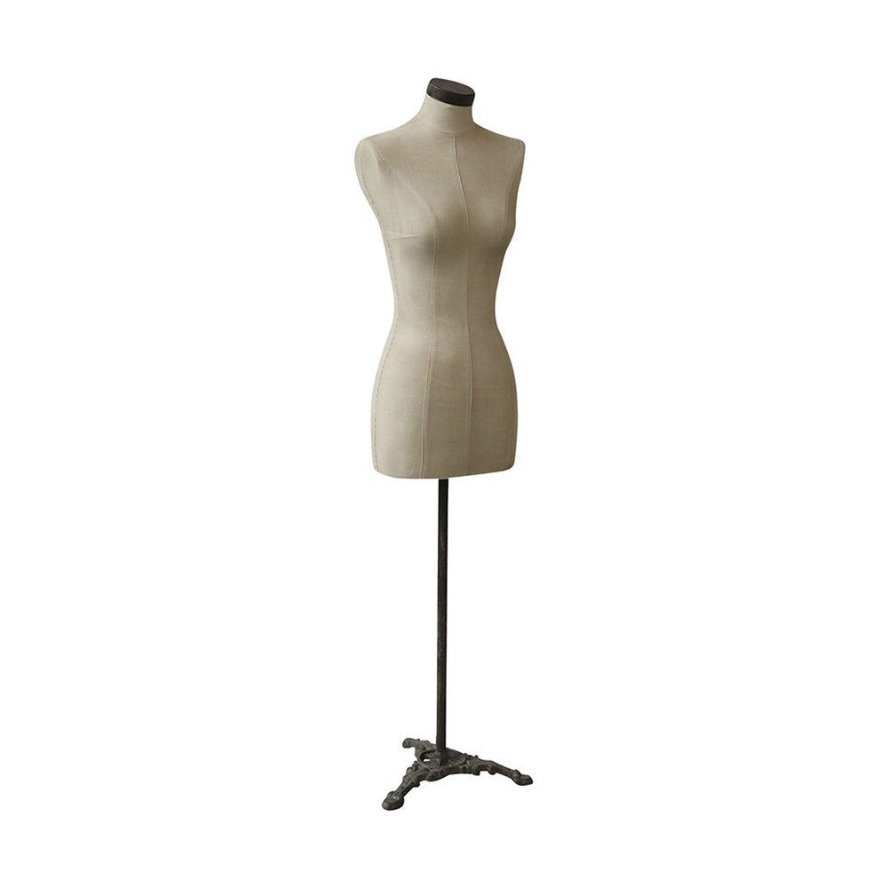 Antikolt felületű öntöttvaslábakon álló, vintage stílusú, 155 cm magas női próbababa.