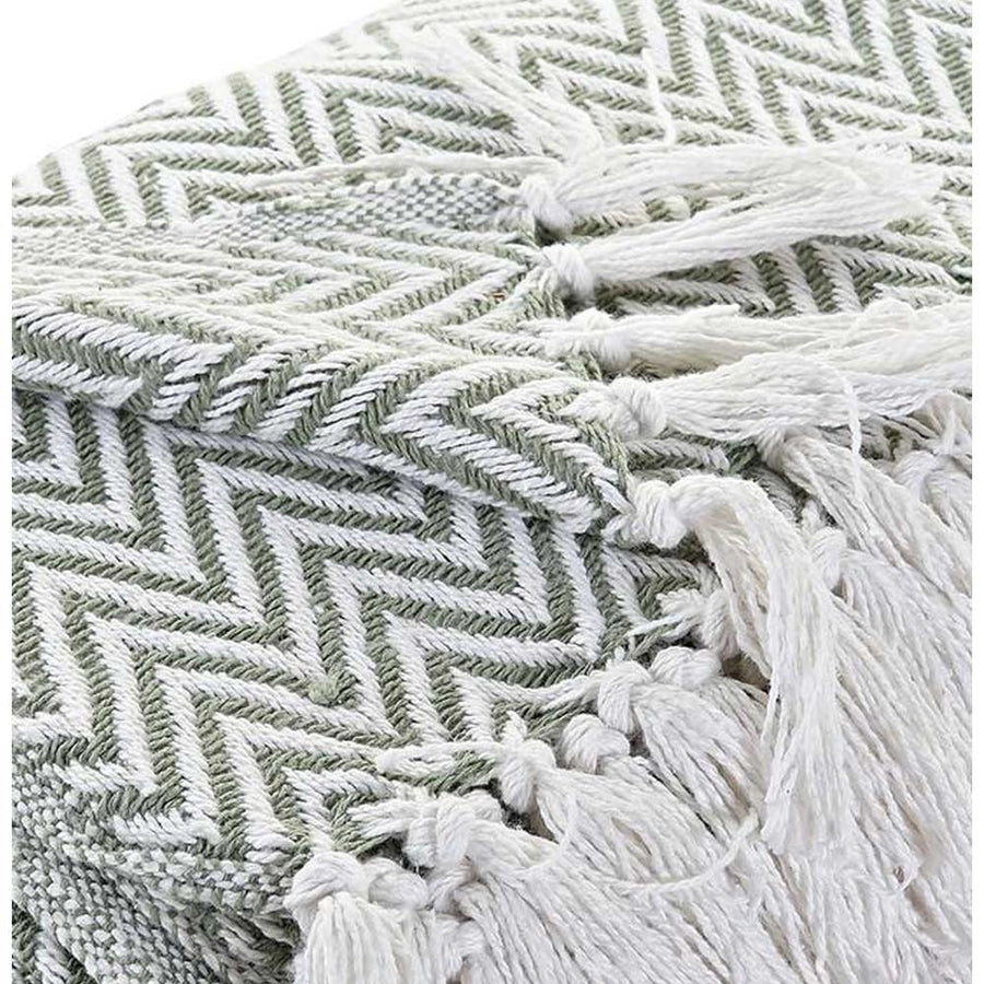 Vintage stílusú, pasztell színvilágú, zig-zag mintás rojtszegélyes pamut pléd