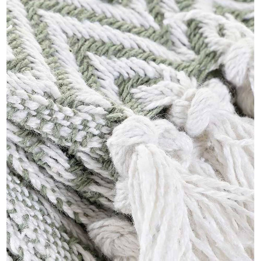 Vintage stílusú, pasztell színvilágú, zig-zag mintás rojtszegélyes pamut pléd