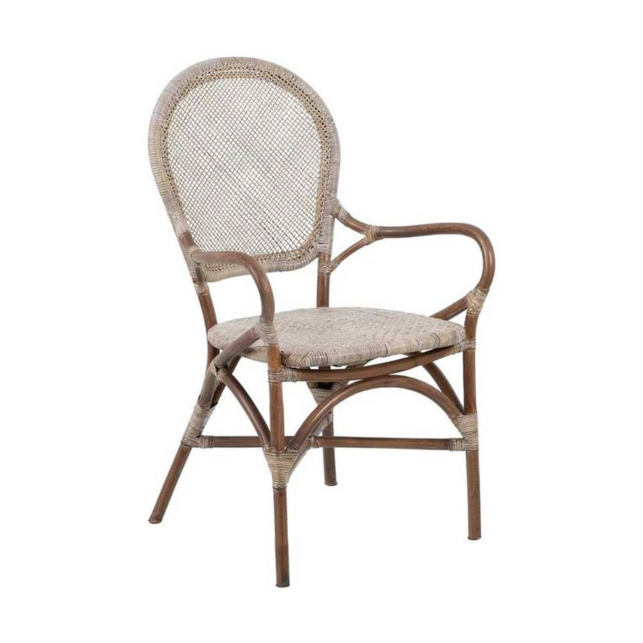 Vintage stílusú, természetes rattanból készült, bézs és barna színű kézműves karosszék.