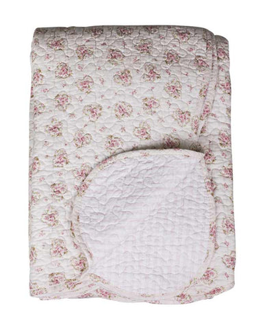 Vintage stílusú, kézműves, halvány rózsaszín színű, virágmintás steppelt pamut takaró