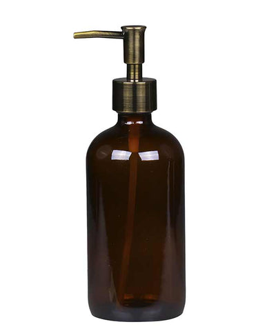 Sötétbarna üvegű, normál méretű, 480 milliliteres, vintage stílusú folyékony szappanadagló.