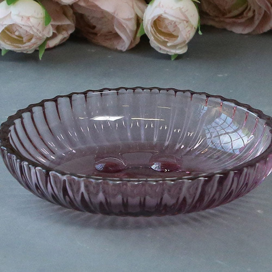 Vintage stílusú, bordázott üvegű, halvány lilásrózsaszín színű szappantartó